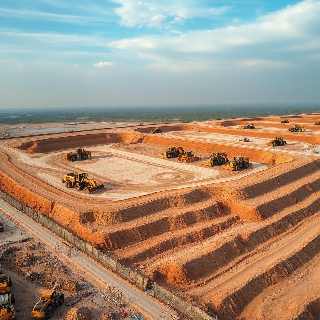 Aerial view of a large grading and site-prep operation — scrapers and dozers on a mass-grading project