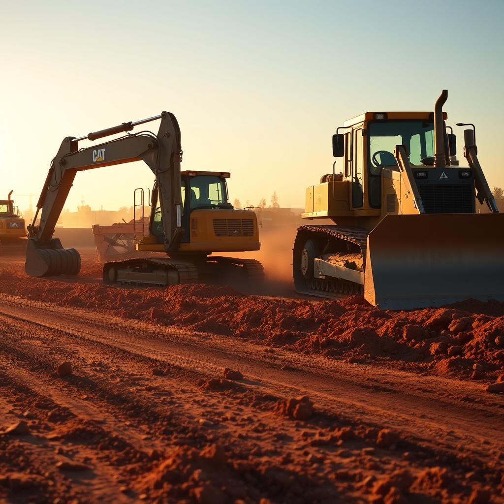 Grading contractor job site — excavators and bulldozers moving dirt on a site-prep project at dawn